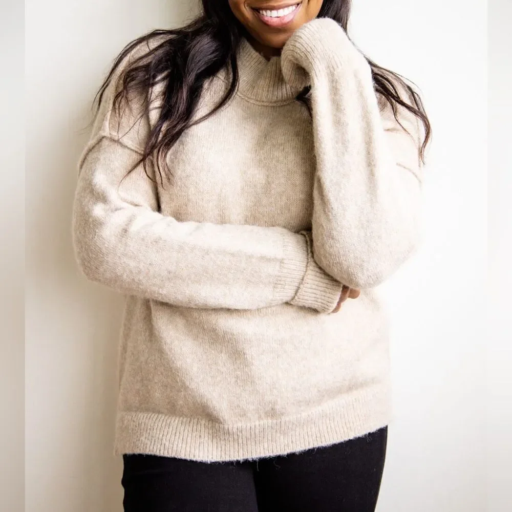 La Miel Ella Cozy Tan High Neck Sweater